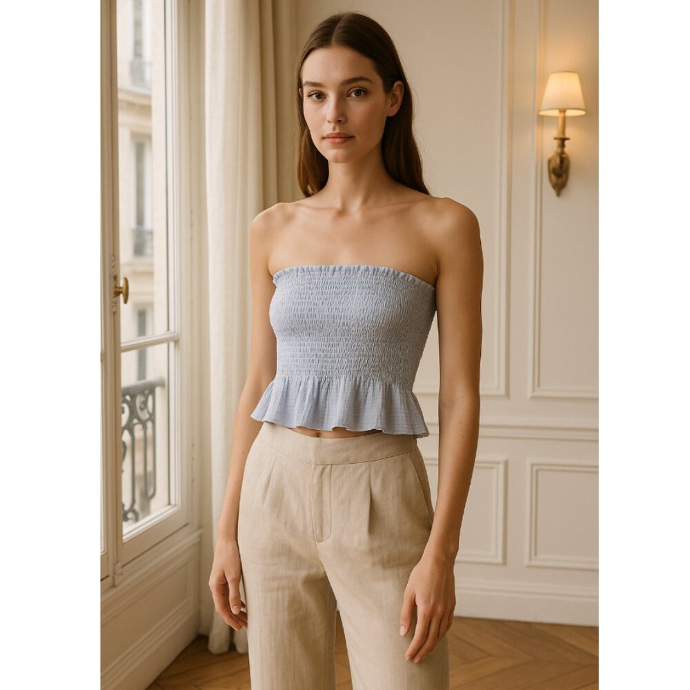🦋 AMERICAN EAGLE Light Blue Tube Crop Top Peplum Small Cottage Cute Coquette